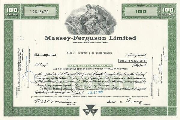 Certificato Azionario - Massey - Ferguson Limited 1977