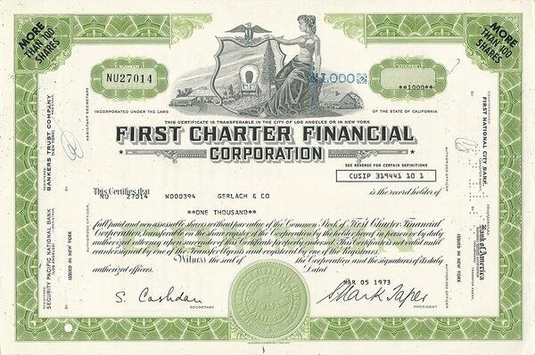 Certificato Azionario - First Charter Financial Corporation 1973