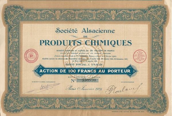 Certificato Azionario - Sociètè Alsacienne de Produits Chimiques 1928 | Immagine Gallery 1
