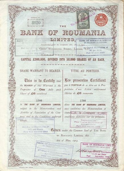 Certificato Azionario - Bank of Roumania 1903