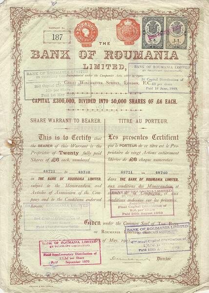 Certificato Azionario - Bank of Roumania 1903