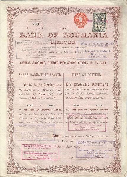 Certificato Azionario - Bank of Roumania 1903