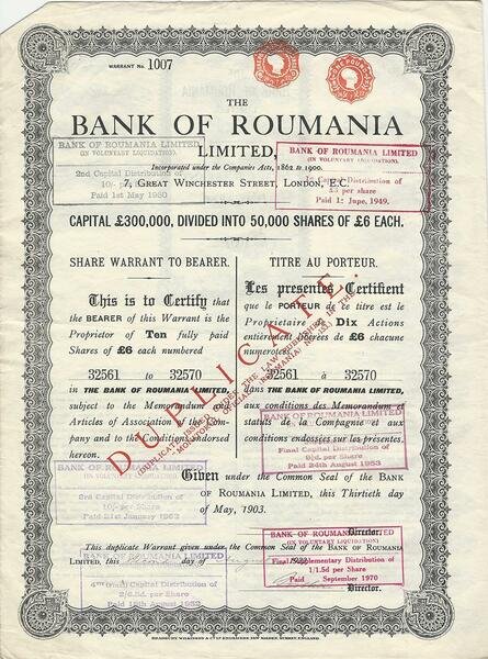 Certificato Azionario - Bank of Roumania 1903