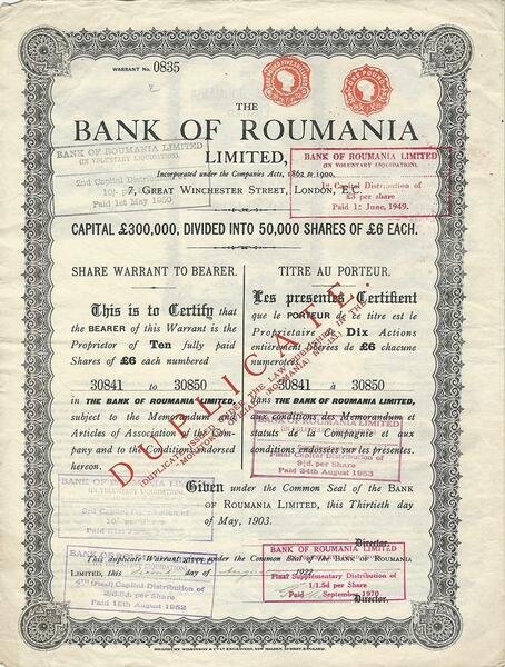 Certificato Azionario - Bank of Roumania 1903