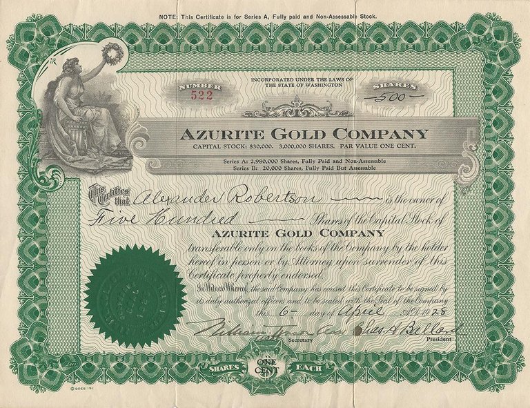 Certificato Azionario - Azurite Gold Company 1928