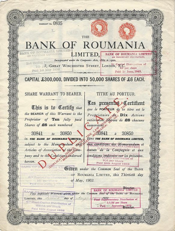 Certificato Azionario - Bank of Roumania 1903