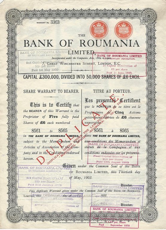 Certificato Azionario - Bank of Roumania 1903