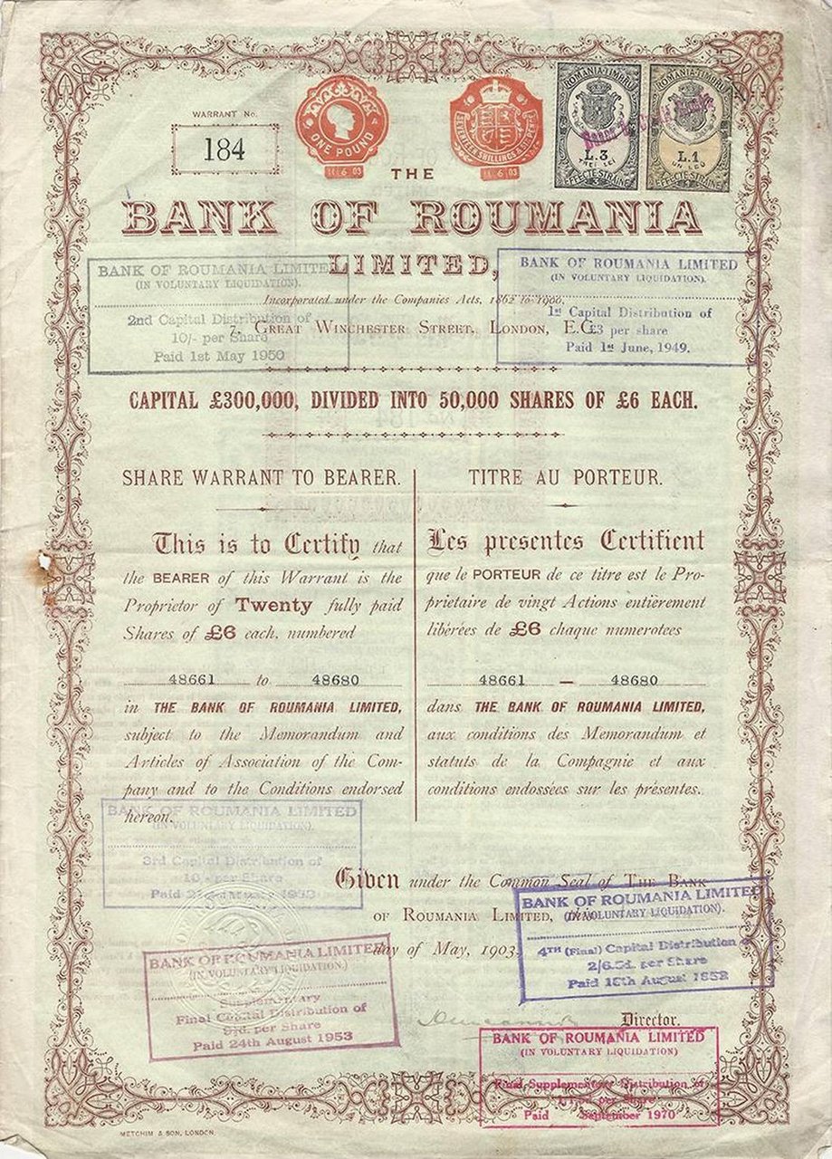 Certificato Azionario - Bank of Roumania 1903