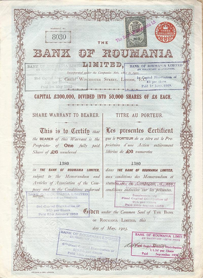 Certificato Azionario - Bank of Roumania 1903