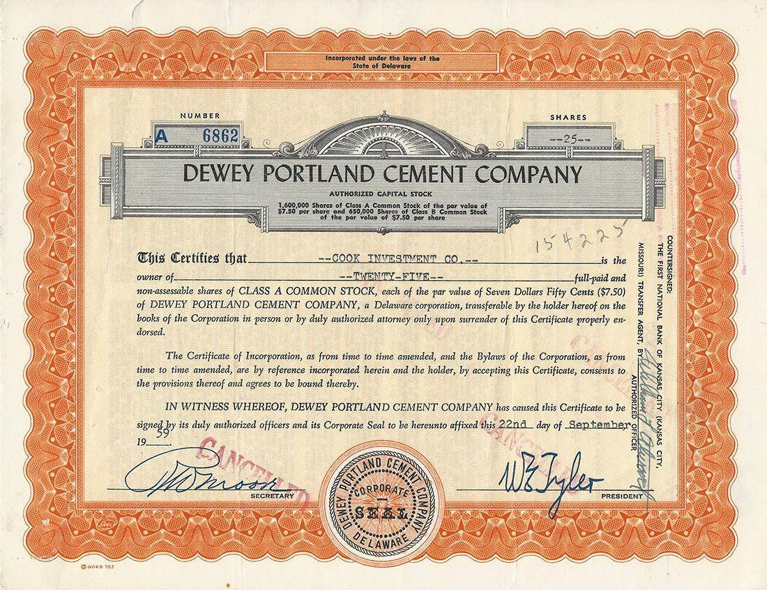 Certificato Azionario - Dewey Portland Cement Company 1959