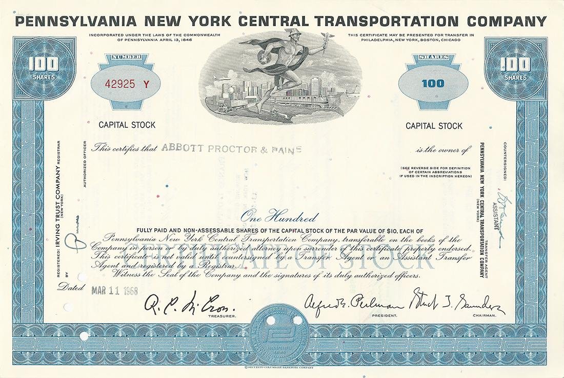 Certificato Azionario - Pennsylvania New York Central Transportation Company 1968