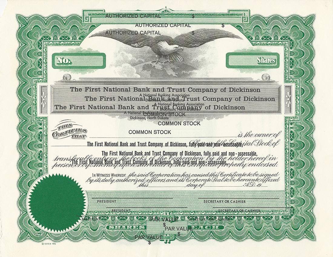 Certificato Azionario - The First National Bank