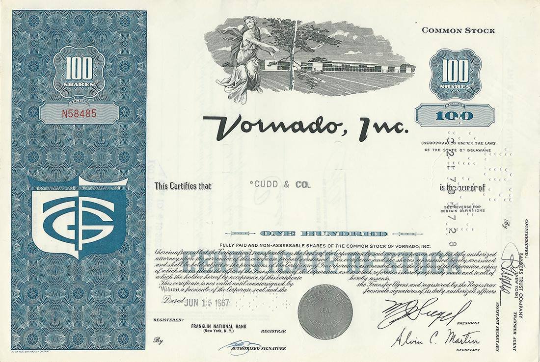 Certificato Azionario - Vornado Inc. 1967