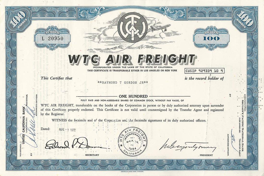 Certificato Azionario - WTC Air Freight 1972