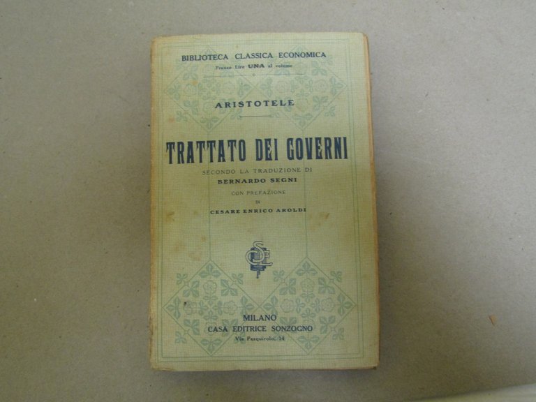Aristotele Trattato dei governi secondo la traduzione di Bernardo Segni