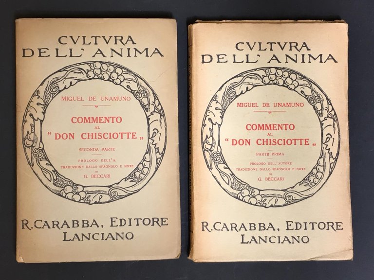De Unamuno Miguel. Commento al "Don Chisciotte". R. Carabba. 1930. Voll. I-II