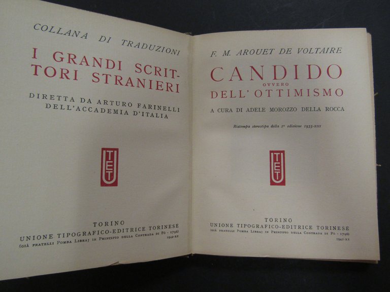 F.M. Arouet de Voltaire. Candido ovvero dell'ottimismo. UTET. 1942
