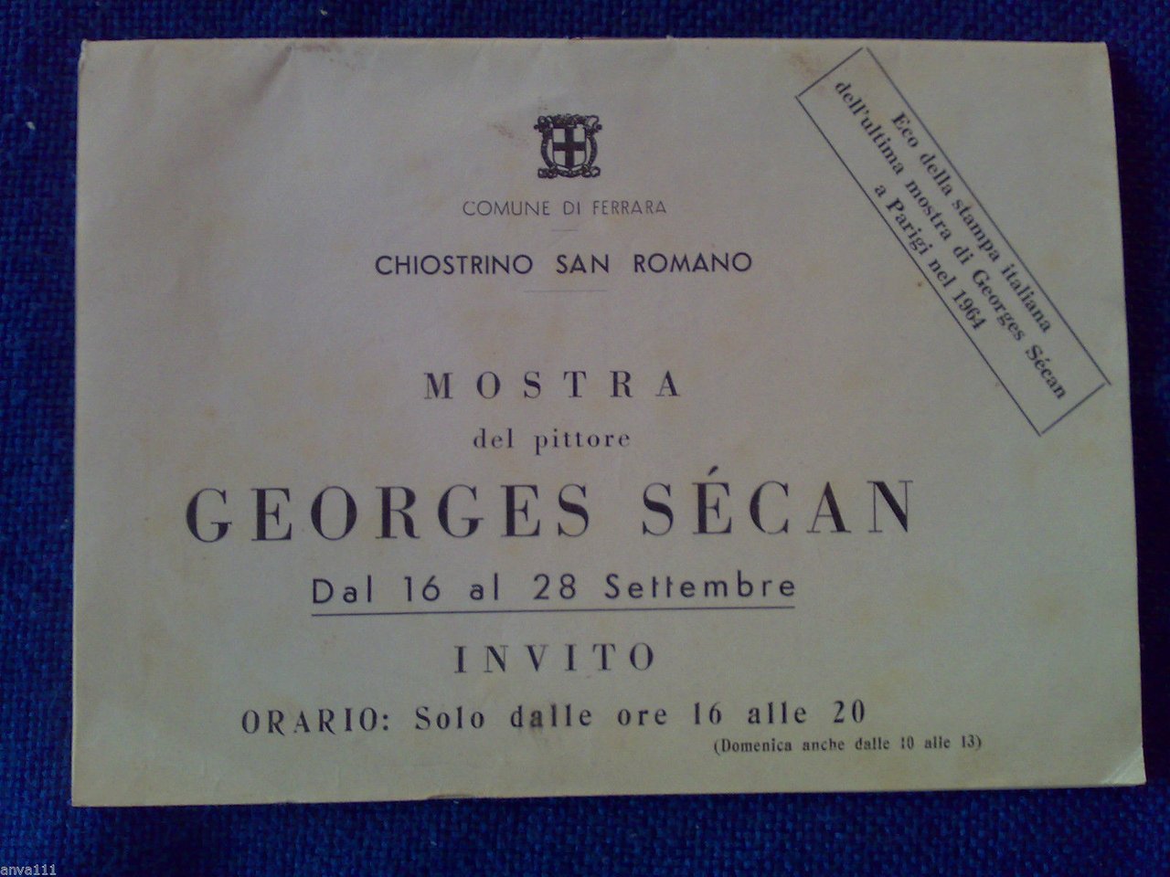 Mostra del pittore Georges Sécan - Invito con firma autografa …