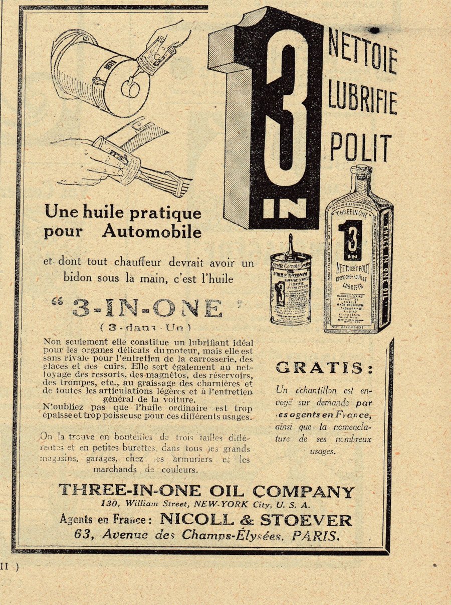 3-in-one. Une huile pratique pour automobile. Advertising 1926