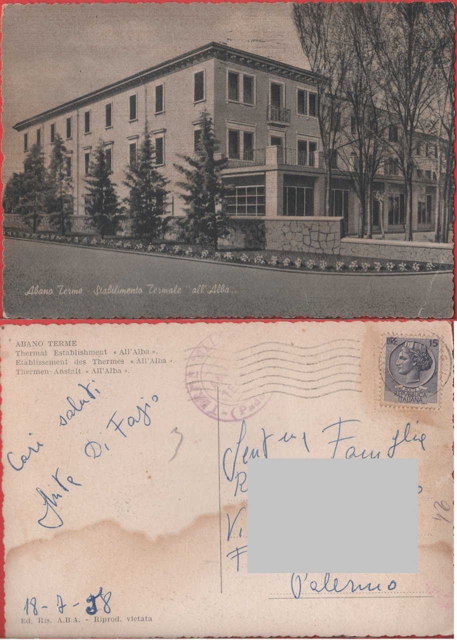 Abano Terme (PD). Stabilimento Termale "all'Alba". Viaggiata 1958