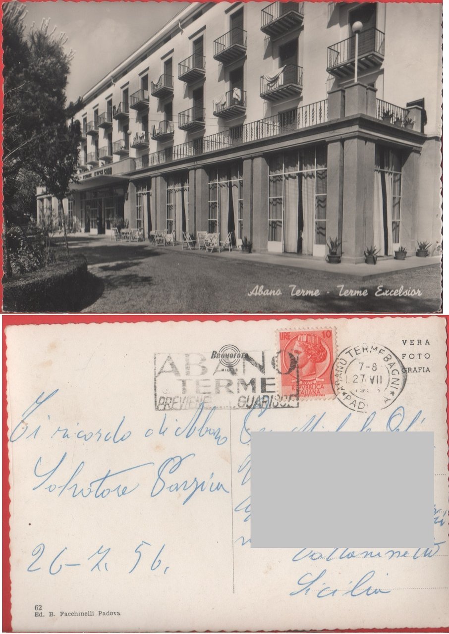 Abano Terme (PD). Terme Excelsior. Viaggiata 1956