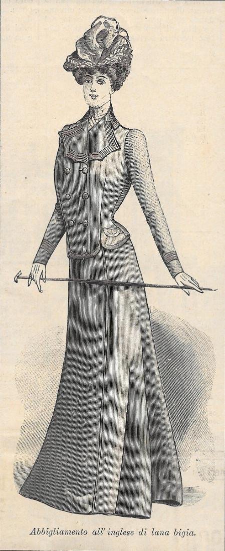 Abbigliamento all'inglese di lana bigia. Stampa 1900