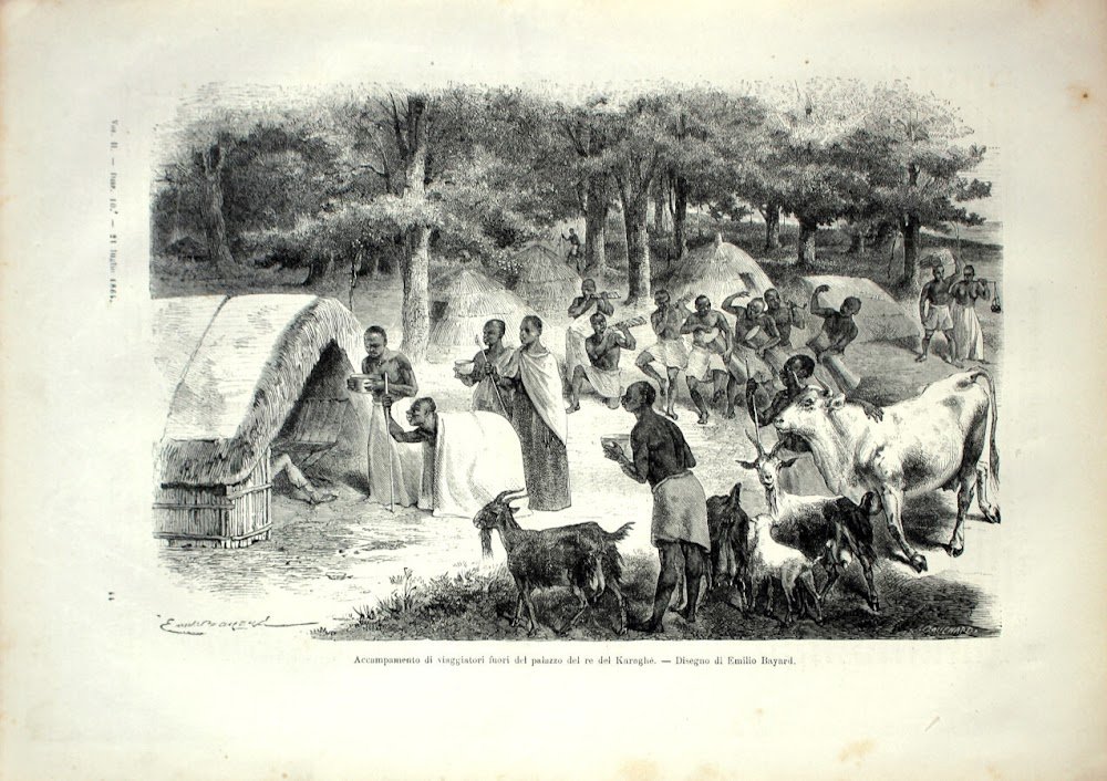 Accampamento di viaggiatori fuori dal palazzo del re del Karaghé. …