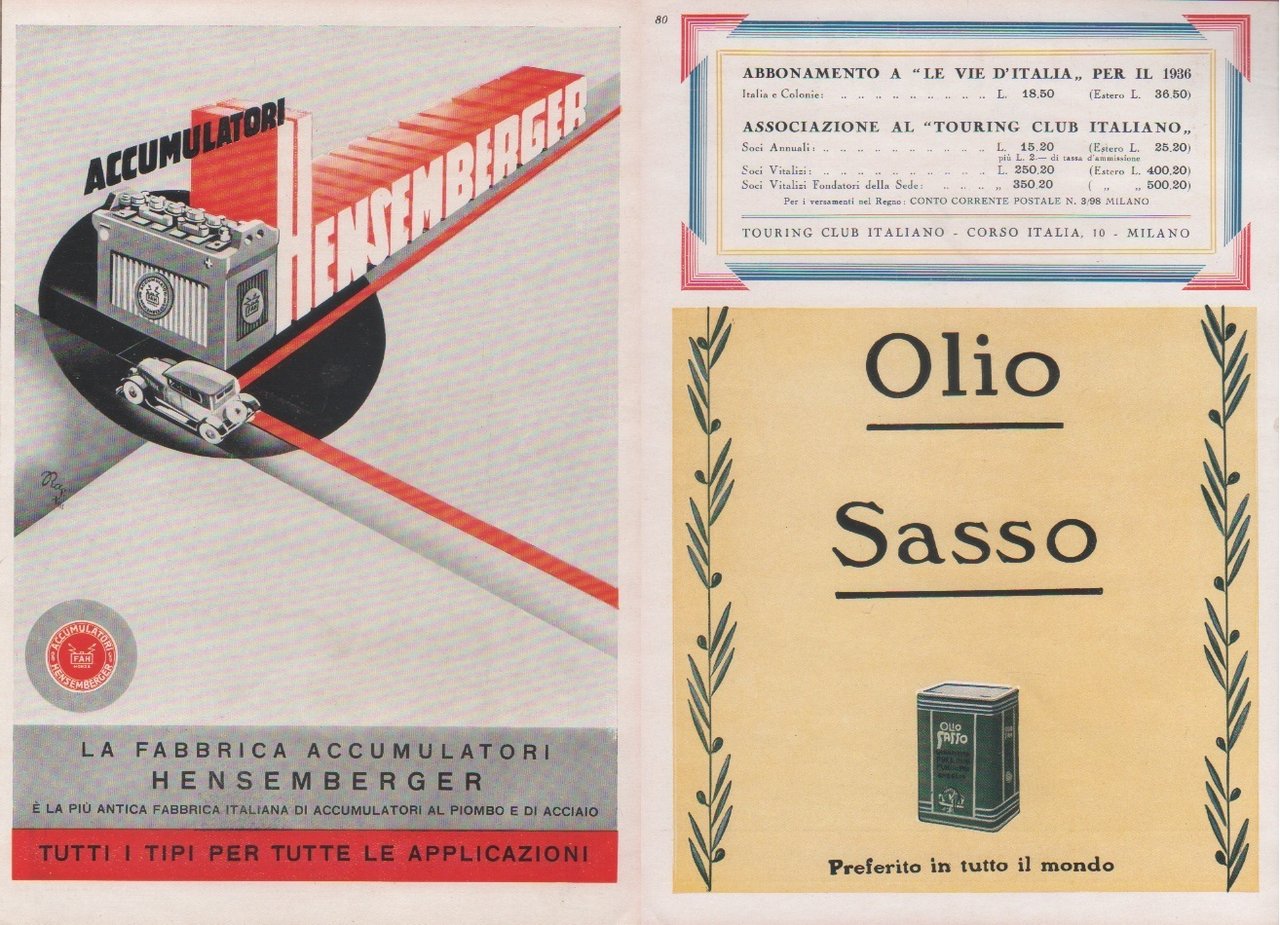 Accumulatori Hensemberger / Olio Sasso. Advertising 1937