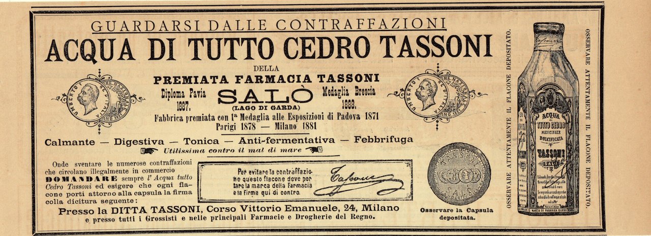 Acqua di tutto cedro Tassoni. Advertising 1889