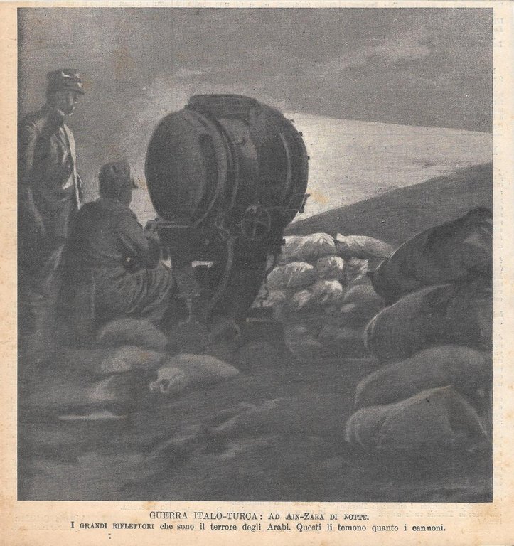 Ad Ain-Zara di notte. I grandi riflettori che sono il terrore... Stampa 1912
