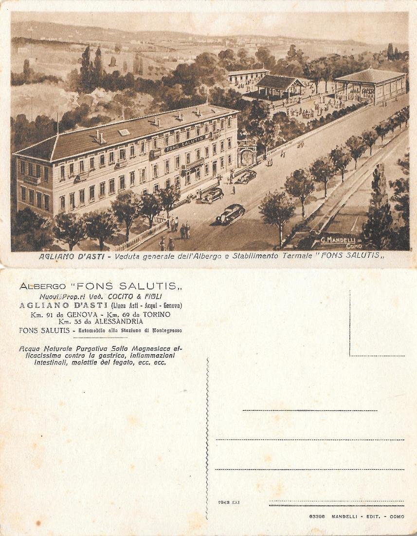 Agliano d'Asti. Albergo Fons Salutis. Non viaggiata, originale 1943