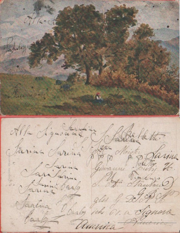 Alberi con contadina. Primi '900. Viaggiata