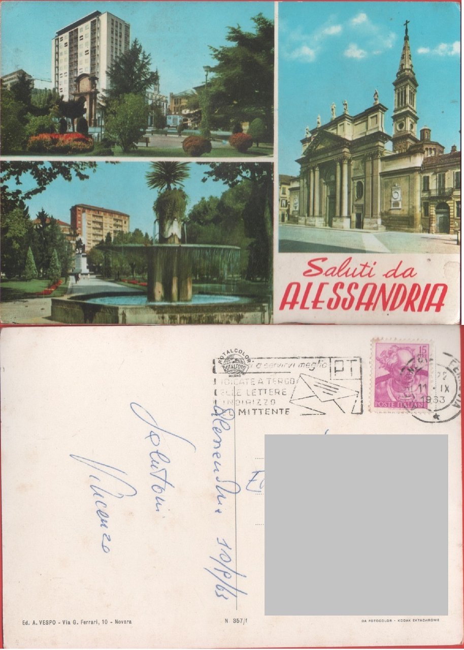 Alessandria. Saluti. Viaggiata 1963