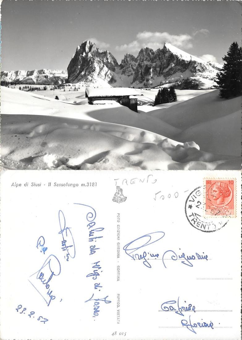 Alpe di Siusi. Il Sassolungo. Viaggiata 1957