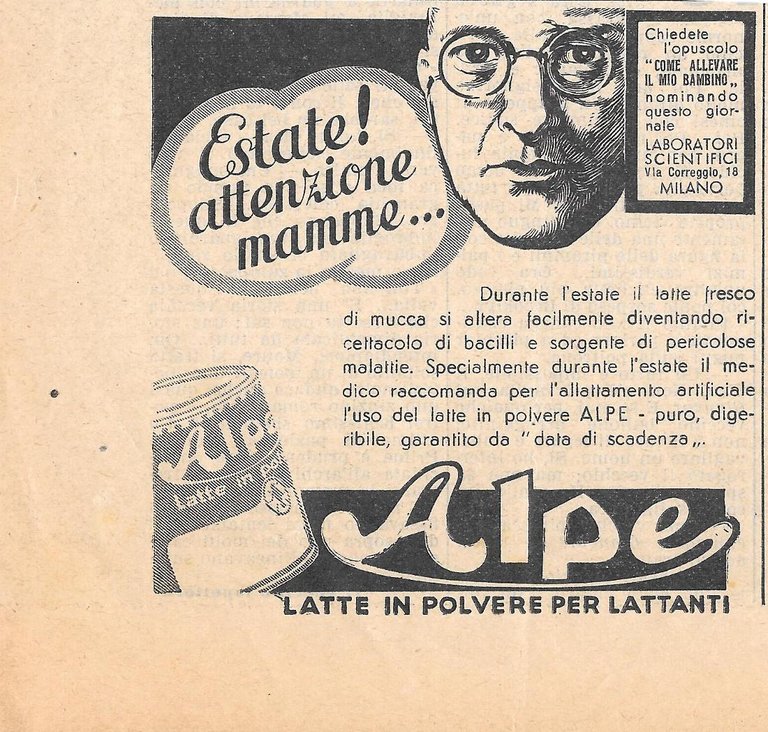 Alpe latte in polvere per lattanti. Pubblicità 1936