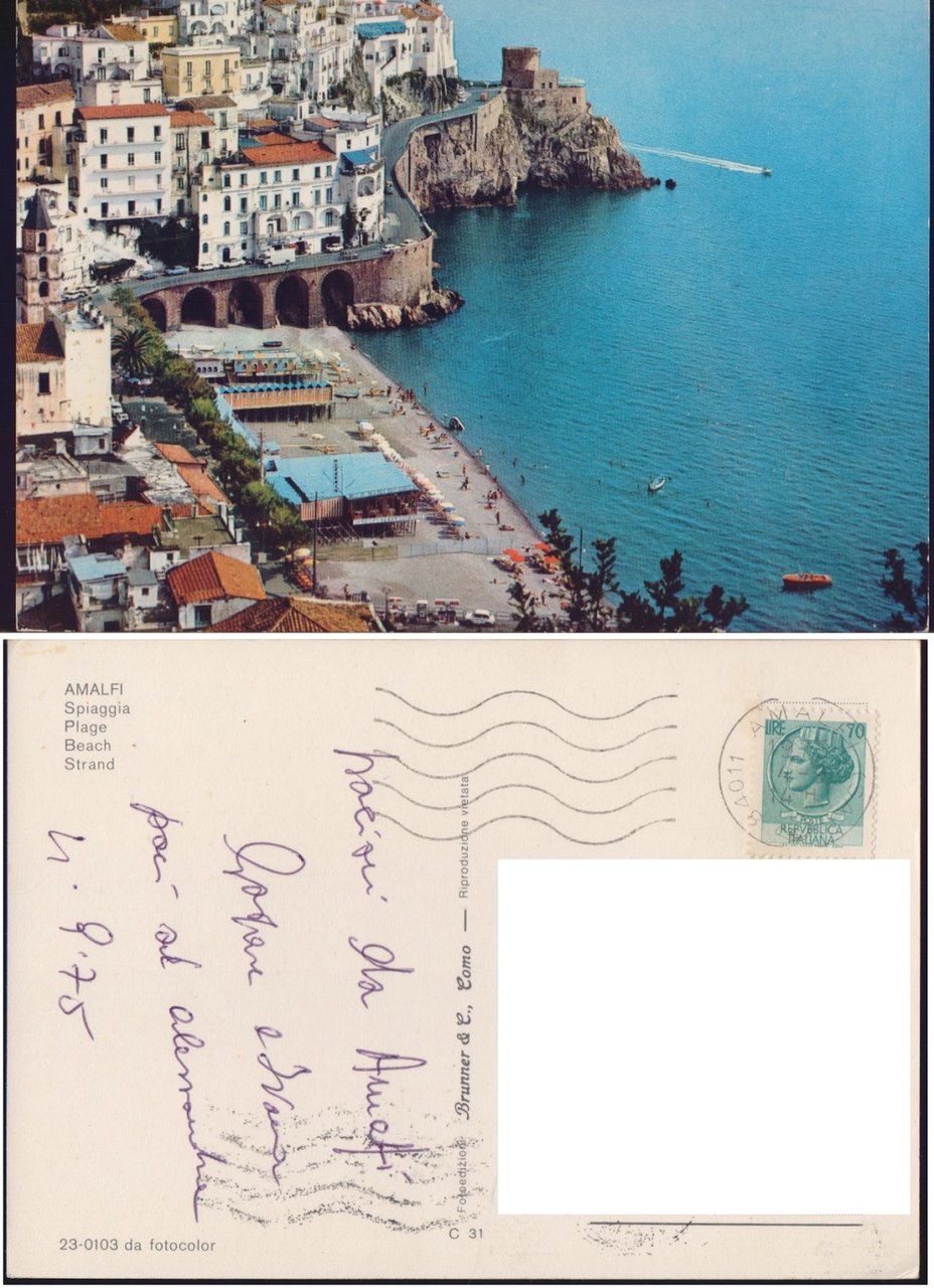 Amalfi (SA). Spiaggia. Viaggiata 1975