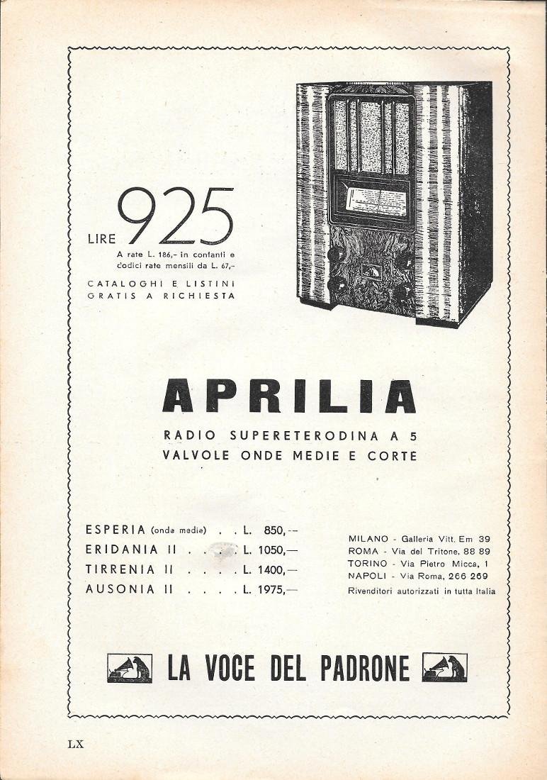 Aprilia. Radio supereterodina a 5 valvole. La Voce del Padrone. …