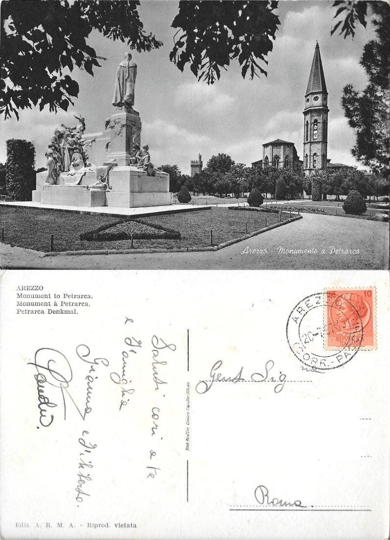 Arezzo. Monumento a Petrarca. Cecami. Viaggiata 1957