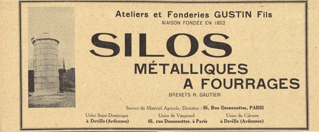 Atelier et Fonderies Gustin Fils. Silos metalliques. Advertising 1926