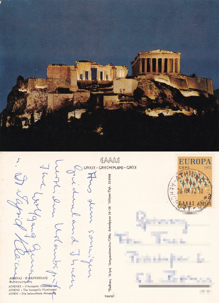 Atene. L'Acropoli illuminata. Viaggiata 1972