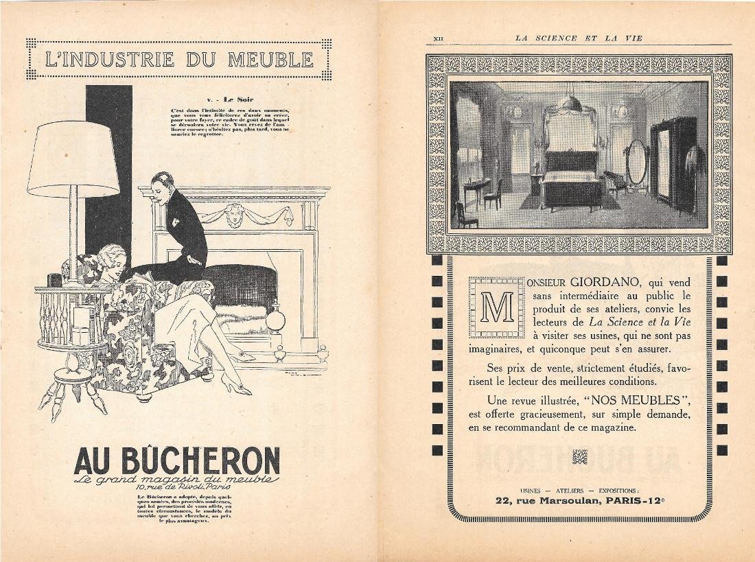 Au Bucheron meubles Paris / Giordano meubles Paris. Pubblicità 1926 …