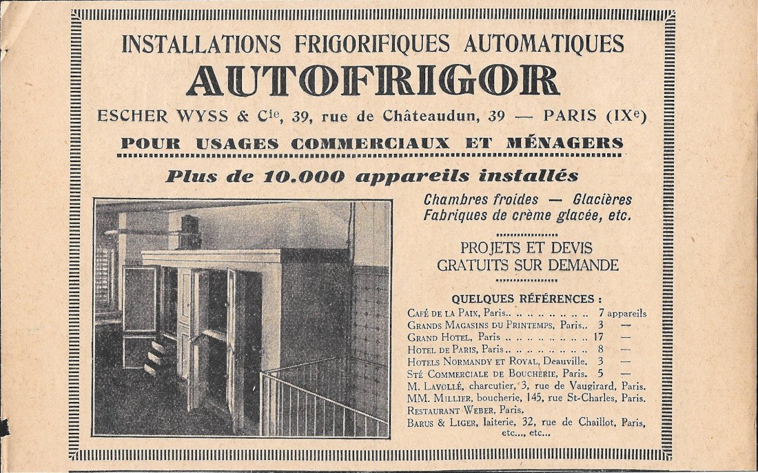 Autofrigor, installation frigorifiques automatiques - Advertising 1928
