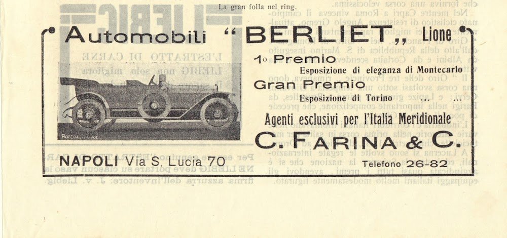 Automobili Berliet Lione. Ag. esclusivo C. Farina, Napoli. Advertising 1913