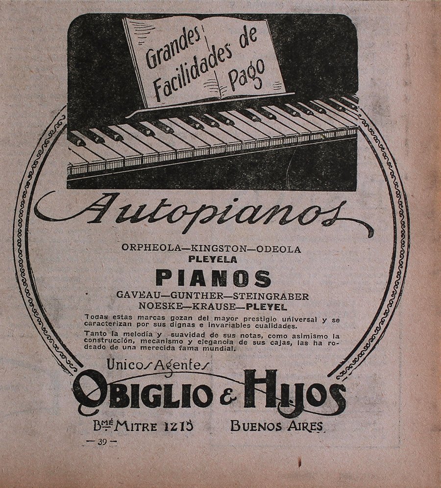 Autopianos. Obiglio &amp; Hijos, Buenos Ayres - Advertising 1922