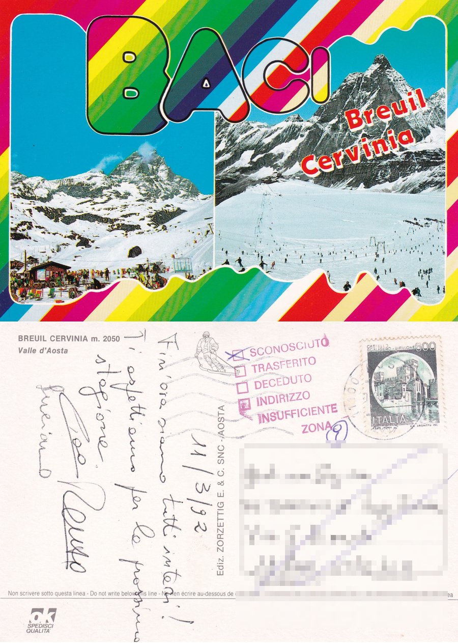 baci da Cervinia-Breuil. Viaggiata 1992