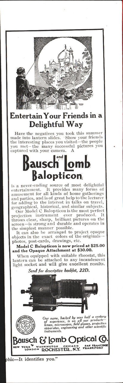 Balopticon. Bausch & Lomb Optical Co. - Pubblicità 1912