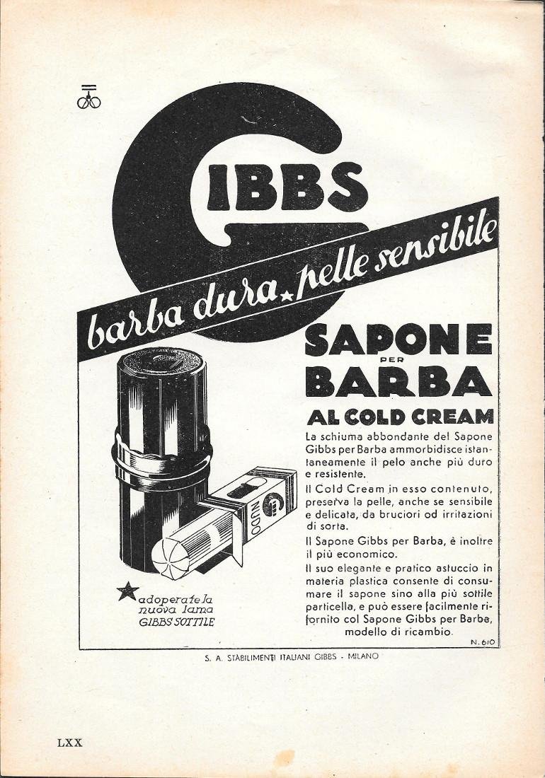 Barba dura, pelle sensibile. Sapone per barba Gibbs. Advertising 1935