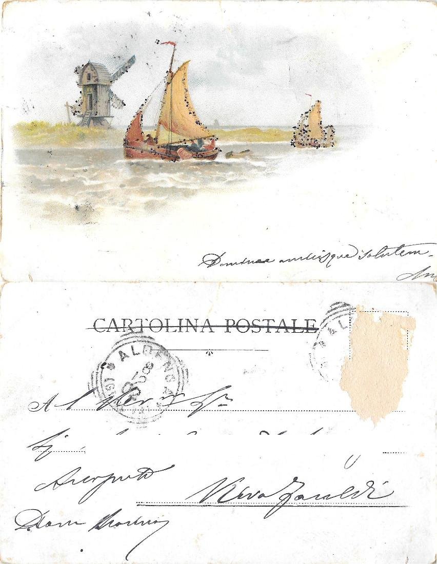Barche con mulino a vento. Brillantini. Viaggiata 1902