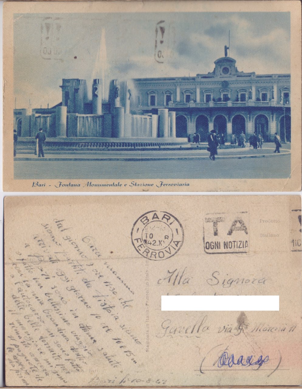 Bari. Fontana monumentale e Stazione Ferroviaria. Animata. Viaggiata 1942