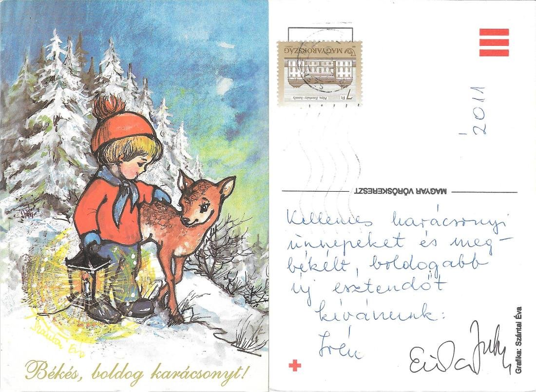 Békés, boldog karácsonyt. Bimbo con cerbiatto. Viaggiata